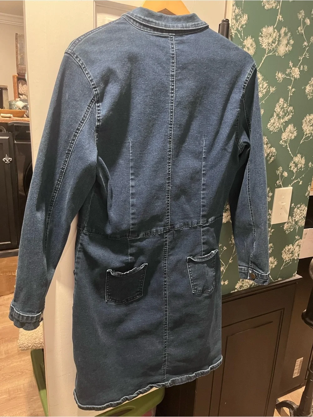 Button-Front Dark Blue spandex Denim Shirt Dress - Picture 2 of 2